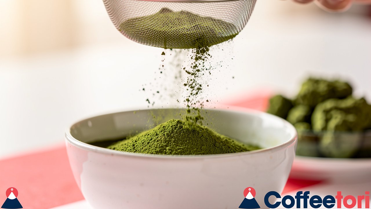 Green matcha powder being sifted into white ceramic bowl