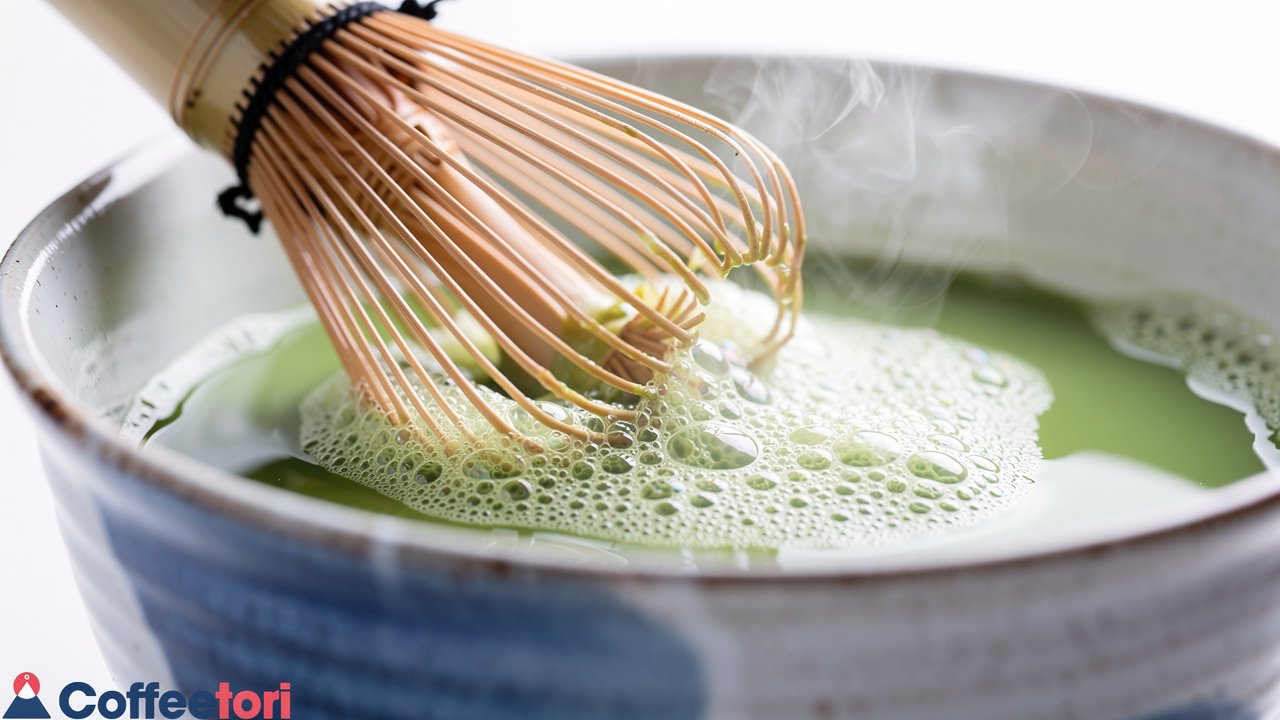 Bamboo whisk creating fine foam on matcha tea in ceramic bowl