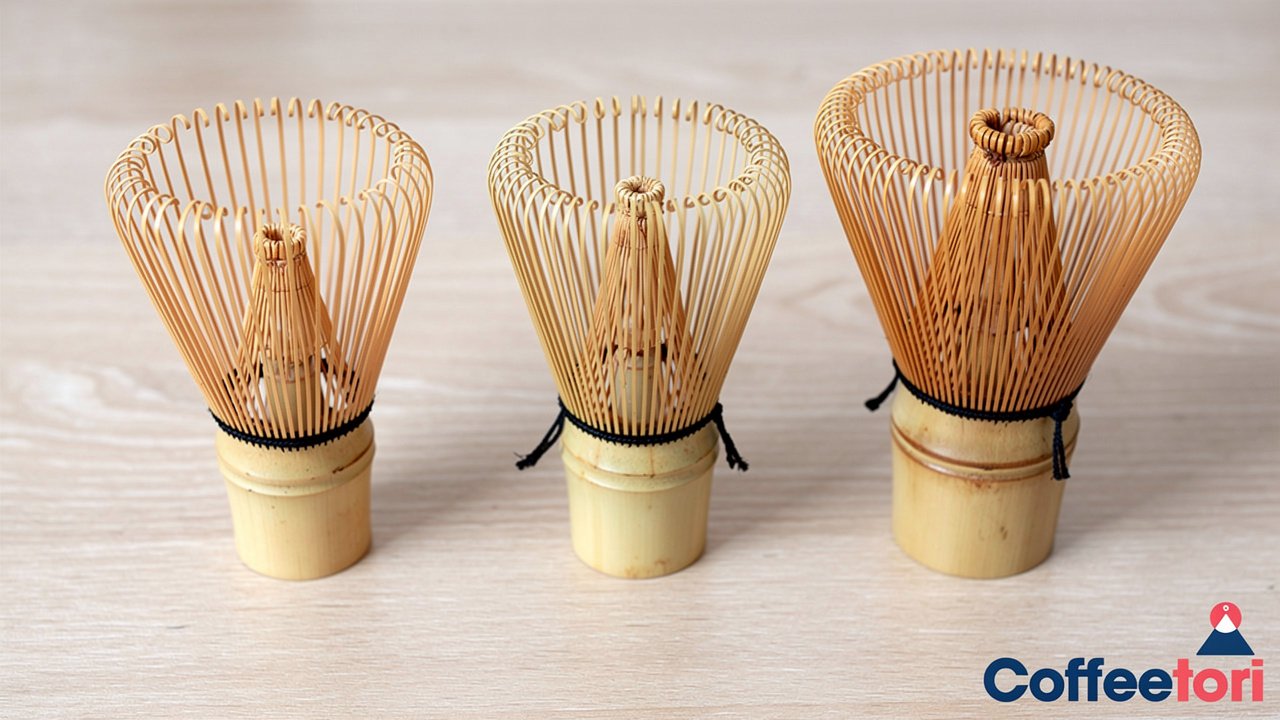 Three bamboo matcha whisks showing different bristle densities side by side
