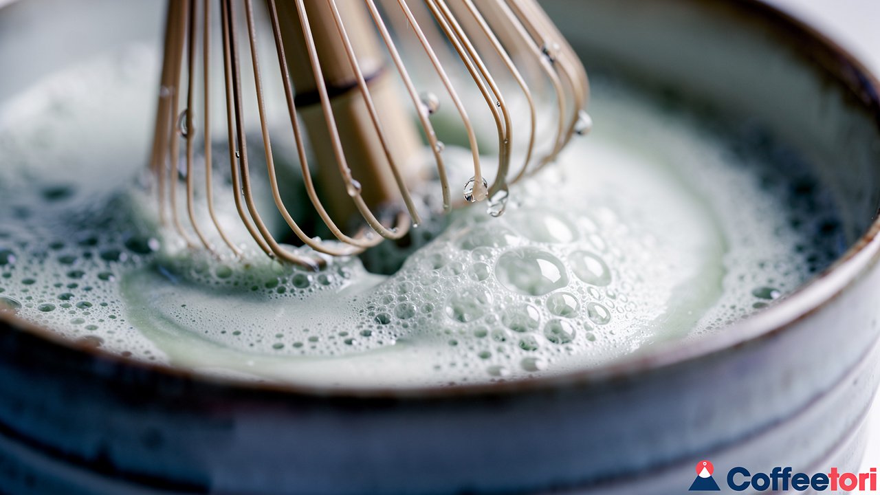 Close-up of bamboo whisk whisking matcha powder into frothy green foam